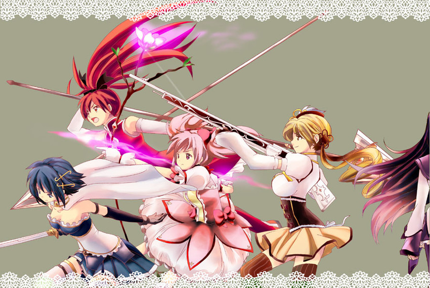akemi homura, kaname madoka, miki sayaka, sakura kyoko, and tomoe mami (mahou shoujo madoka magica) drawn by oka_(umanihiki)