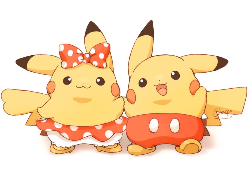 pikachu, mickey mouse, and minnie mouse (pokemon) drawn by mimix