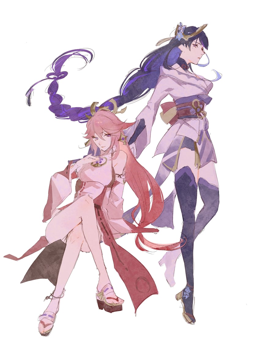raiden shogun and yae miko (genshin impact) drawn by zuu_(kyuudo9)