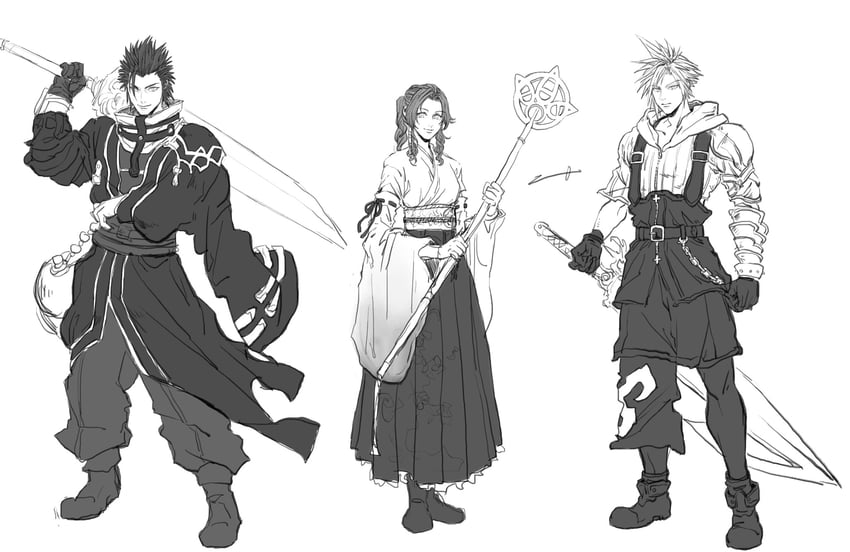 cloud strife, aerith gainsborough, zack fair, yuna, tidus, and 1 more (final fantasy and 3 more) drawn by sternffbevw