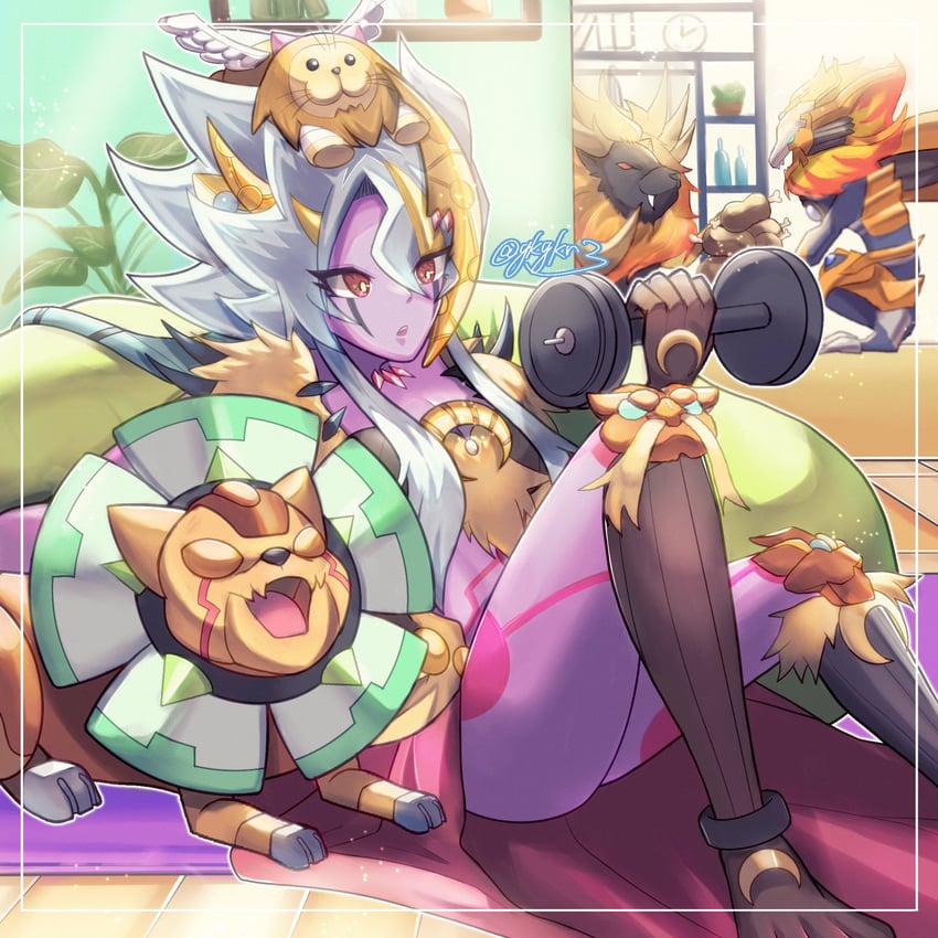 lunalight leo dancer, fluffal leo, alpha the master of beasts, salamangreat heatleo, and appliancer propelion (yu-gi-oh!) drawn by yukari_(ykykr3)
