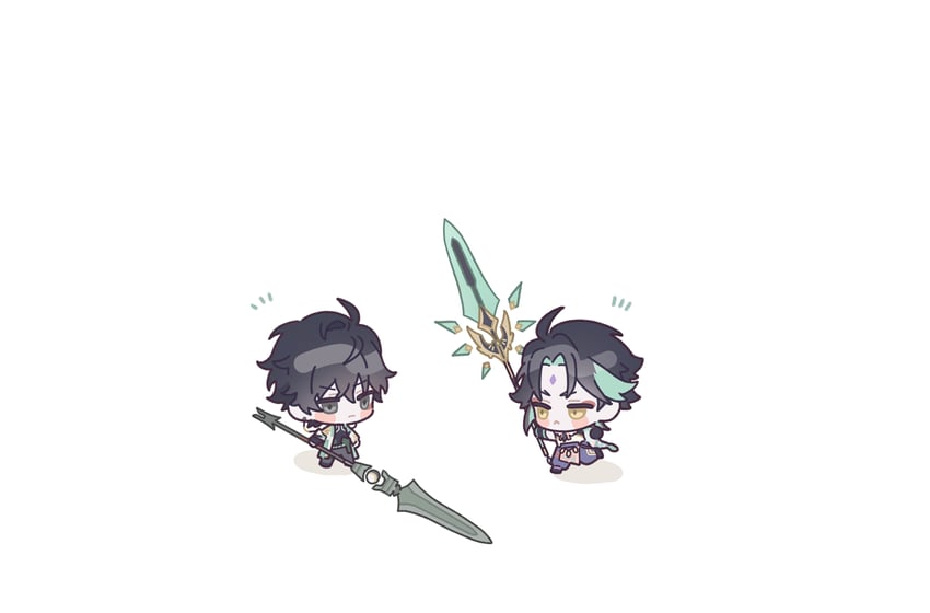 xiao and dan heng (genshin impact and 3 more) drawn by honeymilk0252
