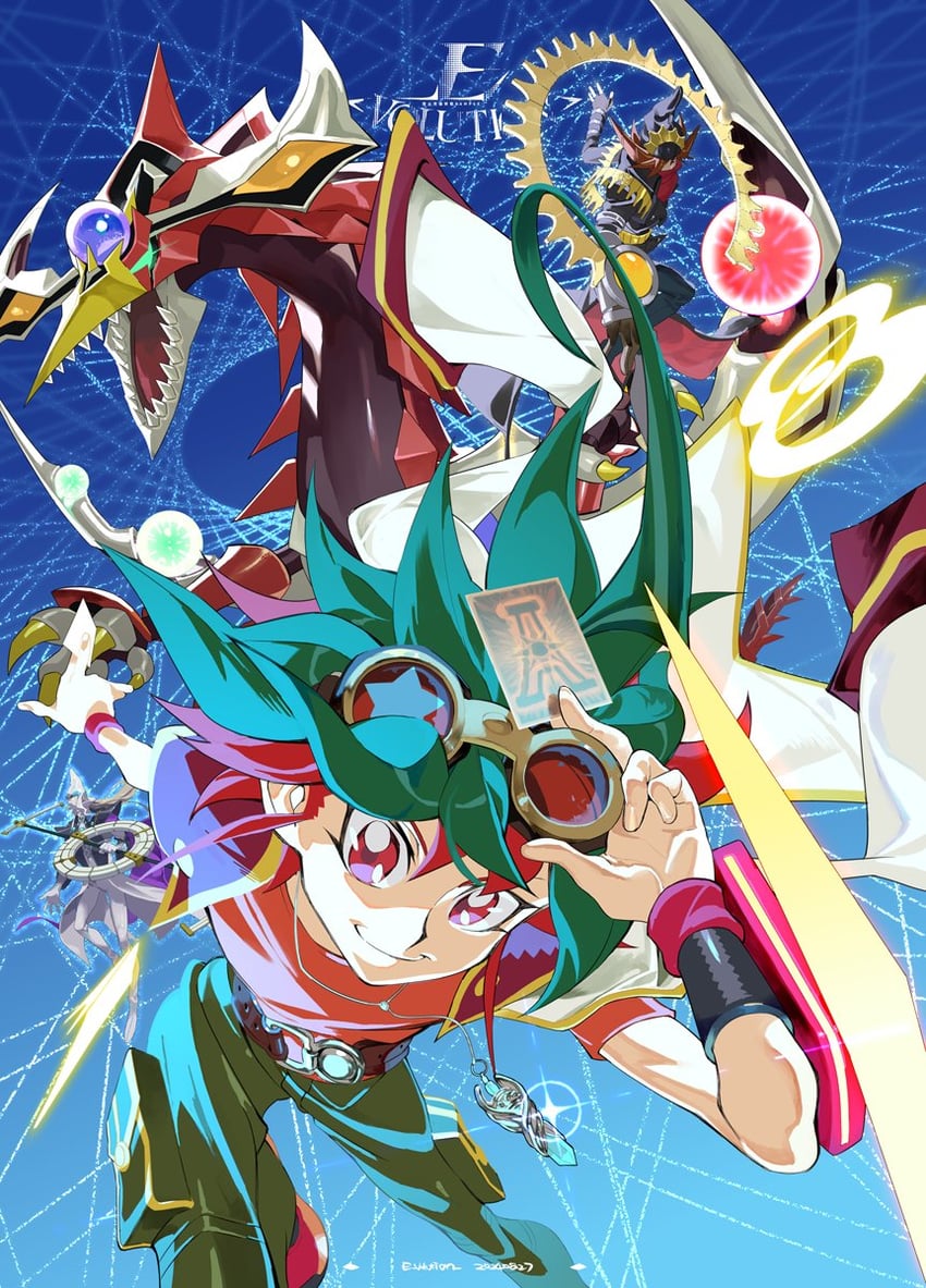 sakaki yuya, odd-eyes pendulum dragon, stargazer magician, and timegazer magician (yu-gi-oh! and 1 more) drawn by e_volution
