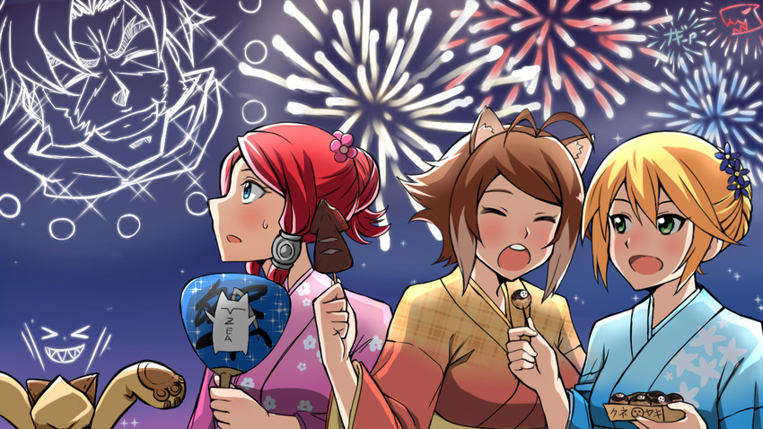 makoto nanaya, noel vermillion, taokaka, tsubaki yayoi, and shishigami bang (blazblue) drawn by naginoya