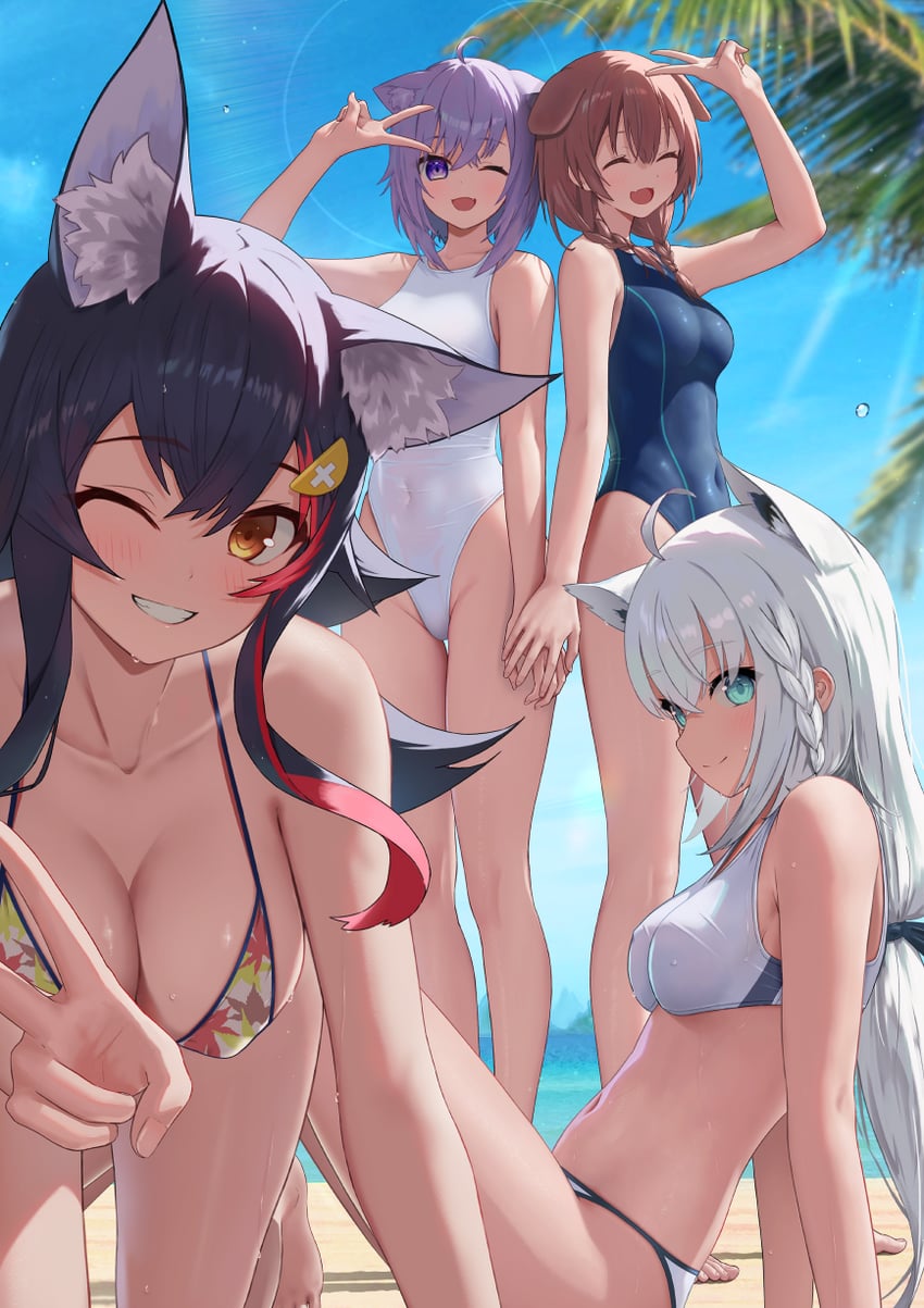 shirakami fubuki, nekomata okayu, ookami mio, and inugami korone (hololive) drawn by tataki_worker