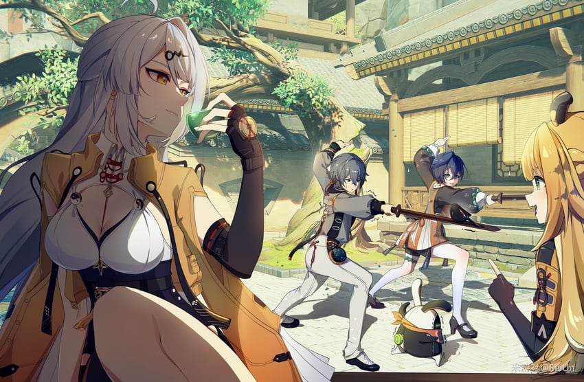 eous, yixuan, ju fufu, belle, and wise (zenless zone zero) drawn by jingxinzhiyun