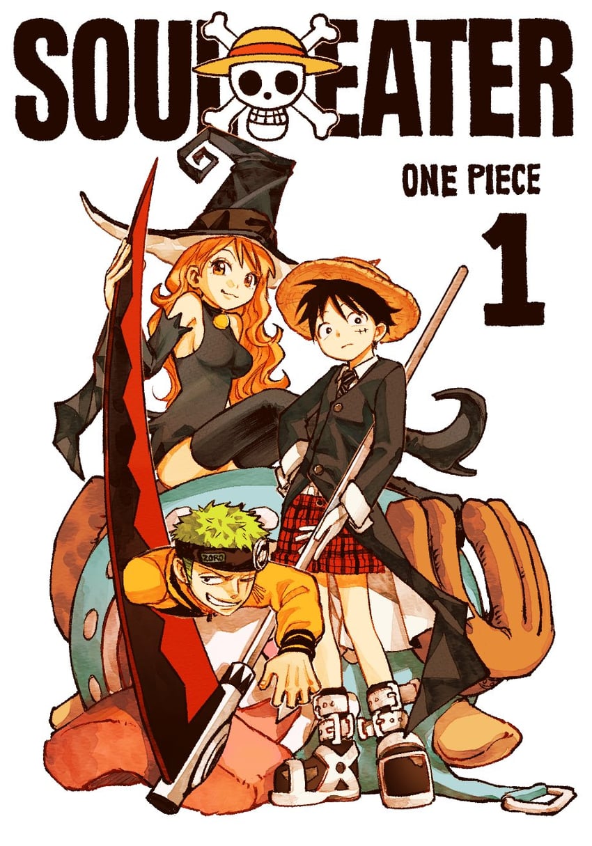 nami, monkey d. luffy, roronoa zoro, maka albarn, soul evans, and 1 more (one piece and 1 more) drawn by b_kungya