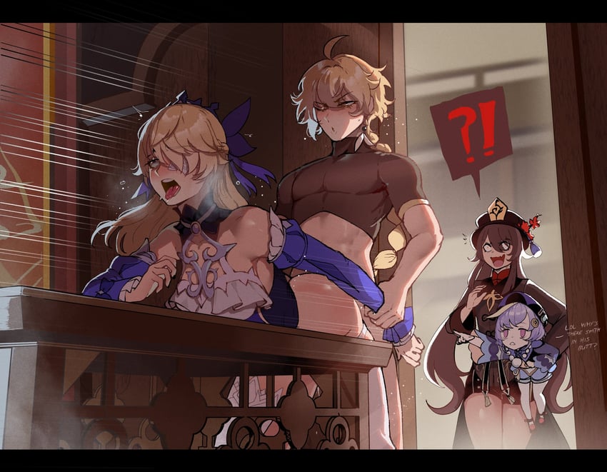 hu tao, aether, qiqi, and fischl (genshin impact) drawn by nyantcha
