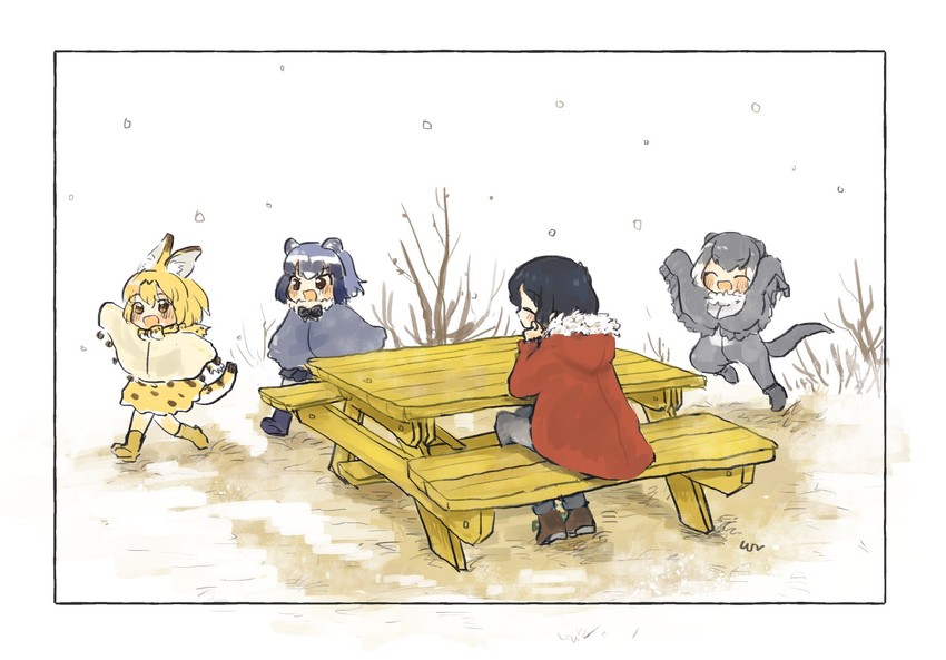 serval, kaban, common raccoon, and small-clawed otter (kemono friends) drawn by san_sami