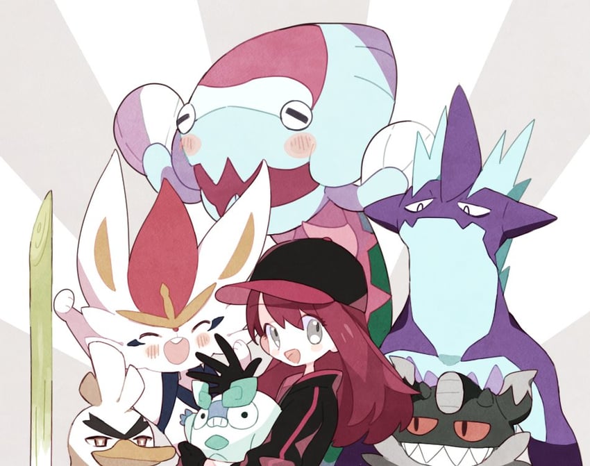 cinderace, sirfetch'd, toxtricity, dracovish, galarian meowth, and 1 more (original and 2 more) drawn by mgomurainu