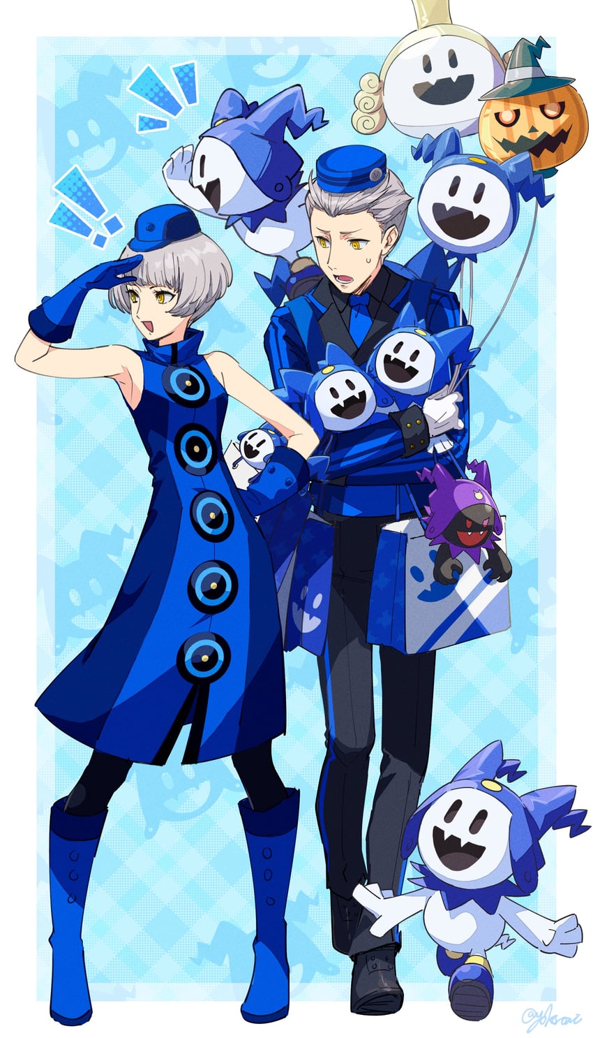 jack frost, elizabeth, theodore, pyro jack, black frost, and 1 more (persona and 1 more) drawn by yokaroni