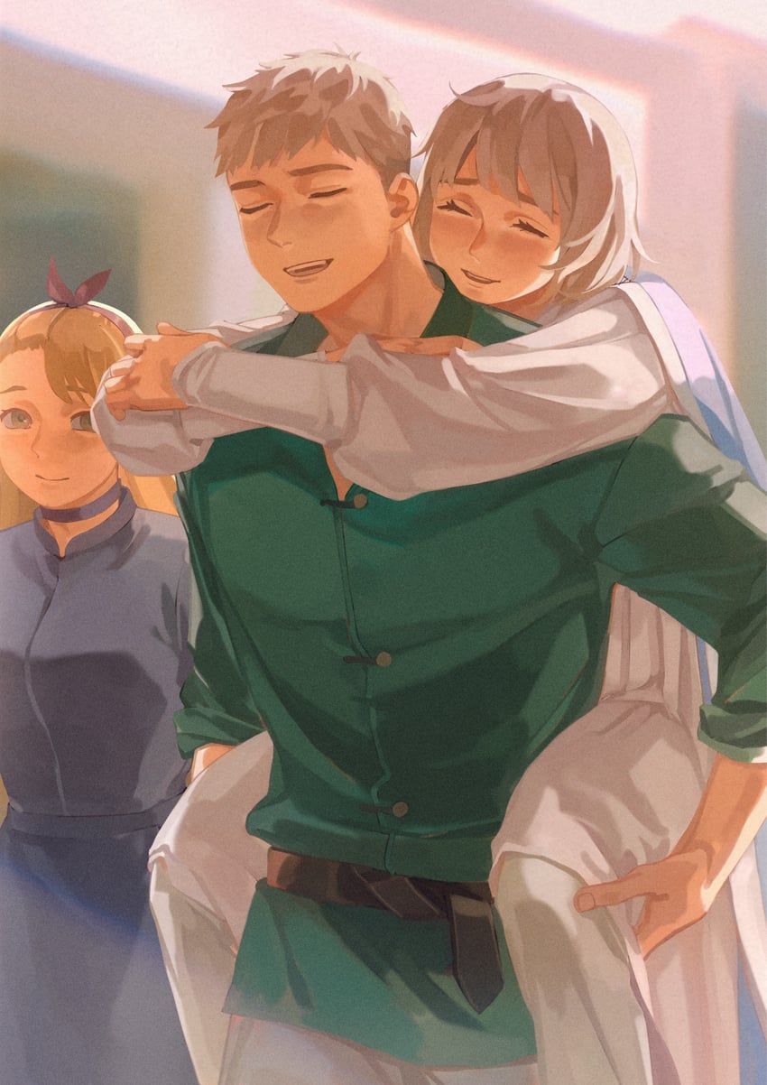 marcille donato, falin touden, and laios touden (dungeon meshi) drawn by parientou