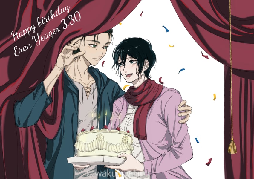 mikasa ackerman and eren yeager (shingeki no kyojin) drawn by wakunwakun