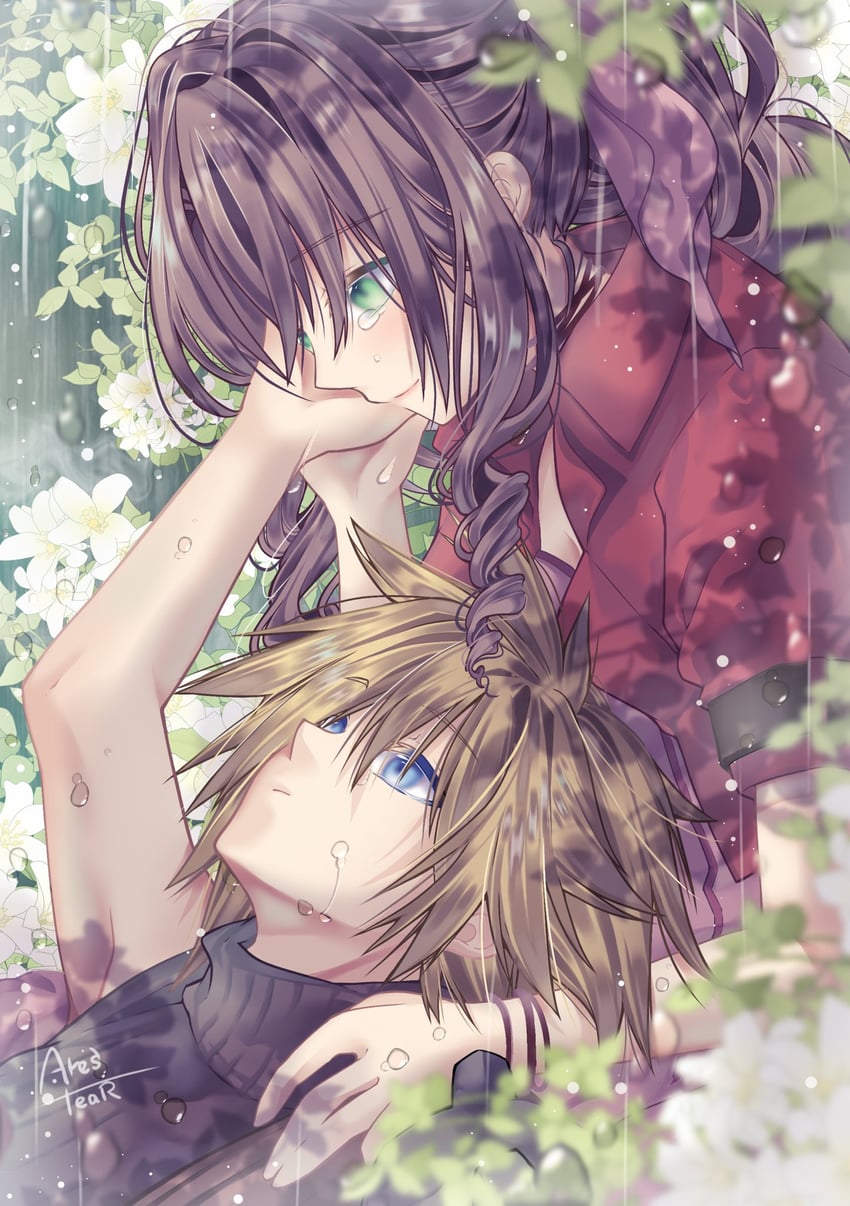 cloud strife and aerith gainsborough (final fantasy and 2 more) drawn by arestear0701