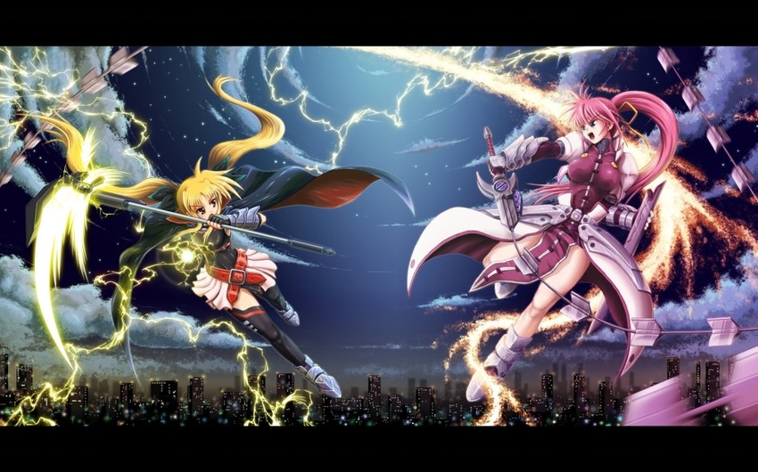 fate testarossa, signum, laevatein, and bardiche (lyrical nanoha and 2 more) drawn by sentaro