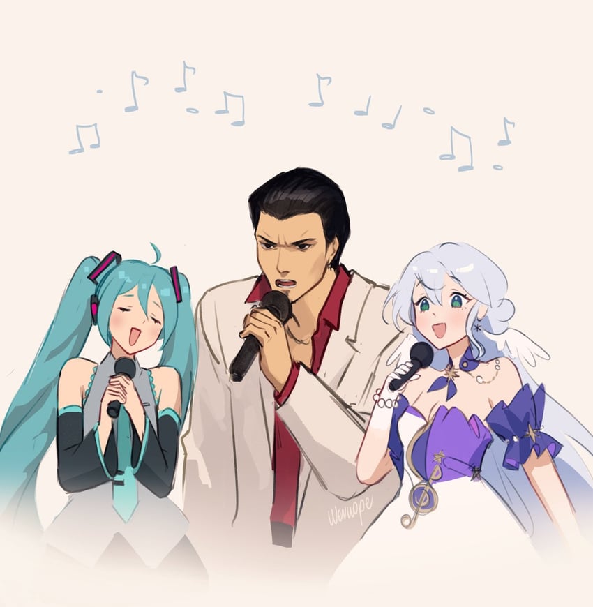 hatsune miku, robin, and kiryu kazuma (vocaloid and 3 more) drawn by wernope