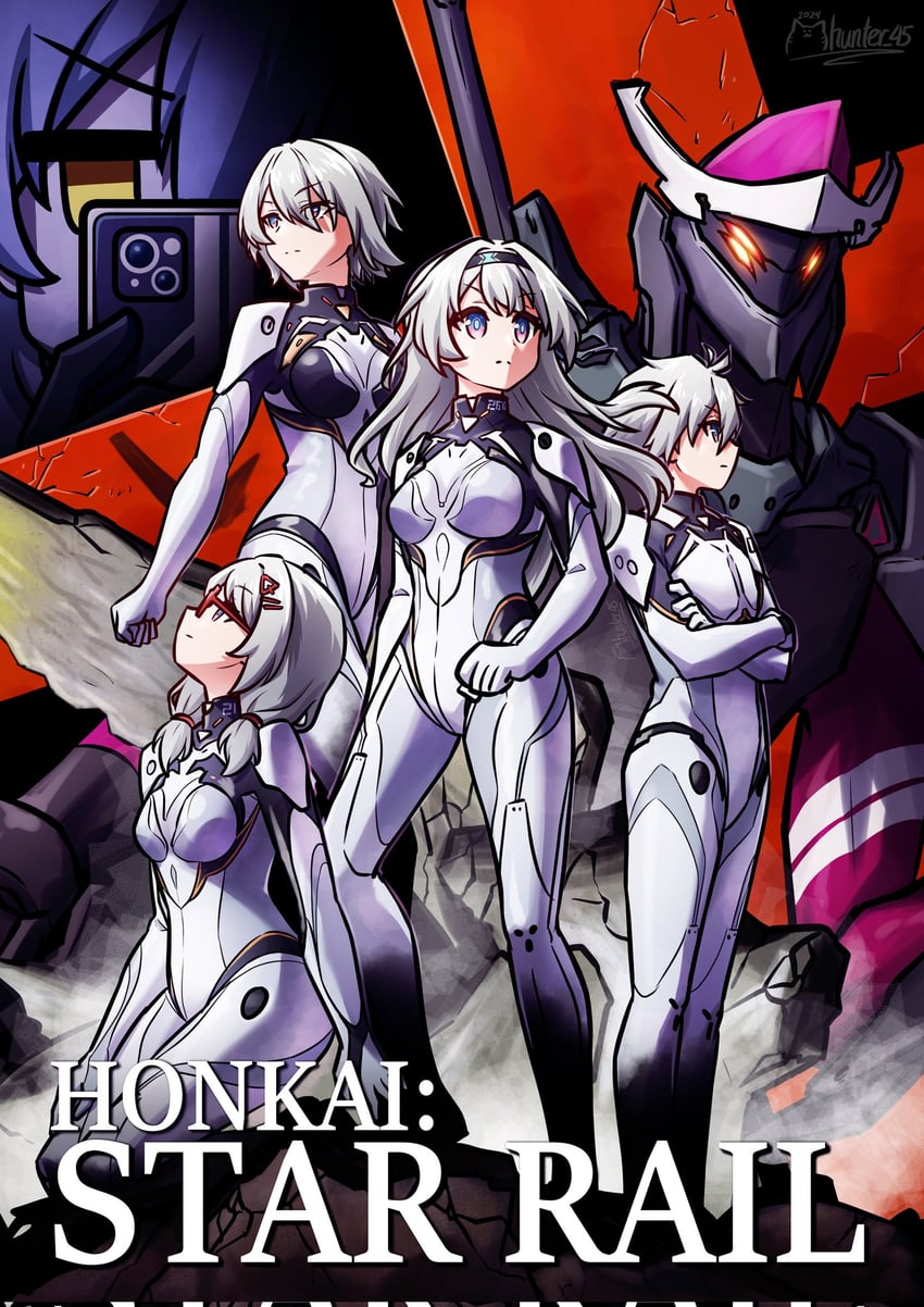 trailblazer, stelle, firefly, ar-214, ar-53935, and 2 more (honkai and 3 more) drawn by mhunter_45