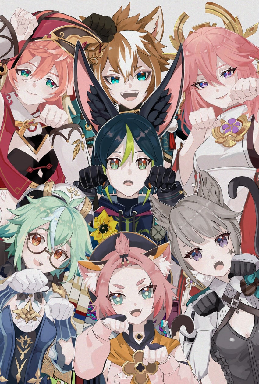 yae miko, tighnari, yanfei, lynette, diona, and 2 more (genshin impact) drawn by shiba_(tonari_no_shiba_inu)