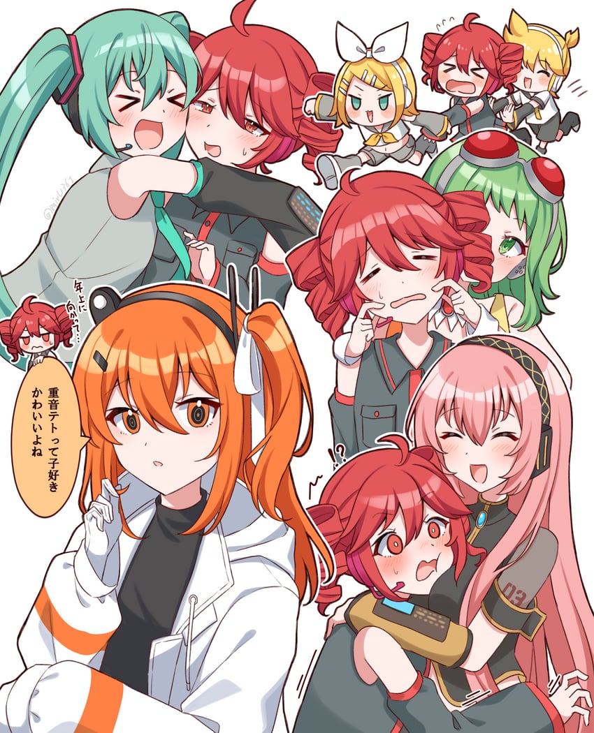 hatsune miku, kagamine rin, kagamine len, megurine luka, kasane teto, and 2 more (vocaloid and 2 more) drawn by mirumiru_(miru36i)