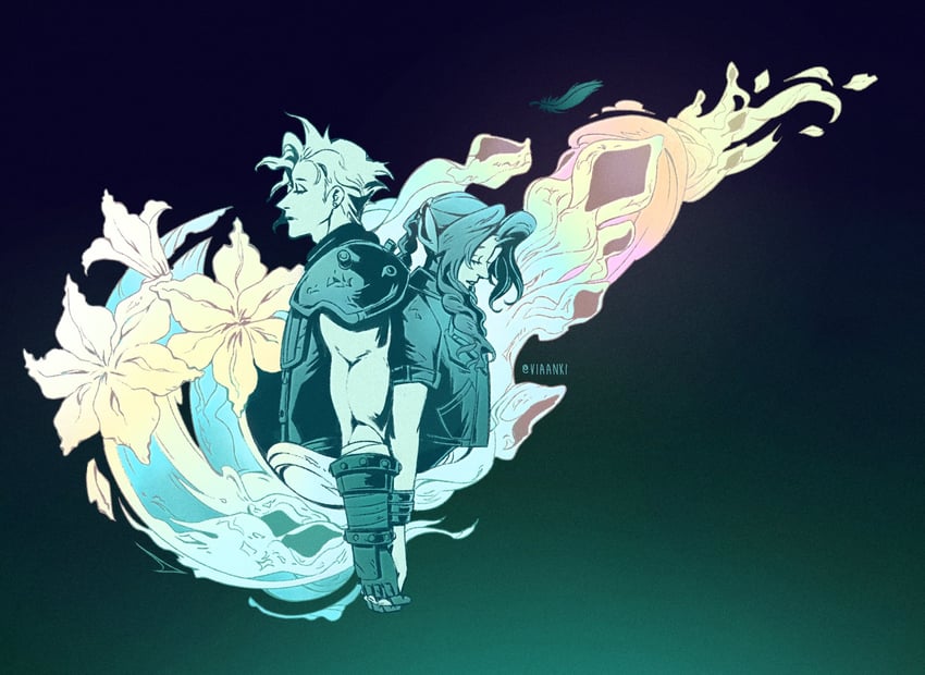 cloud strife, aerith gainsborough, and whispers (final fantasy and 3 more) drawn by emi-bianchi