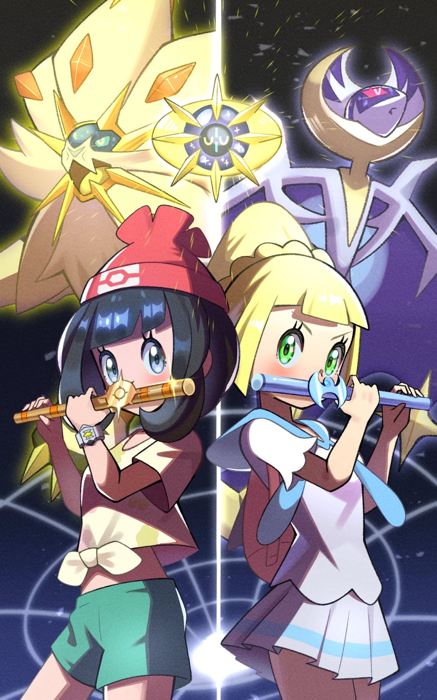 lillie, selene, lunala, solgaleo, and cosmoem (pokemon and 1 more) drawn by inana_umi