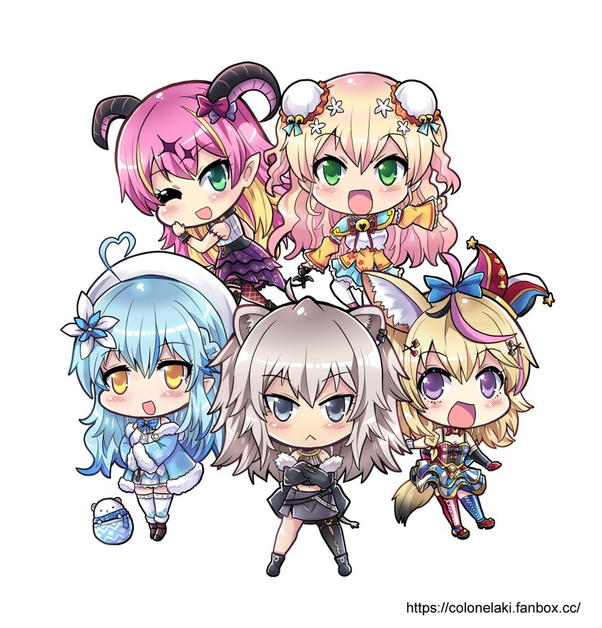 yukihana lamy, shishiro botan, omaru polka, momosuzu nene, daifuku, and 1 more (hololive) drawn by colonel_aki