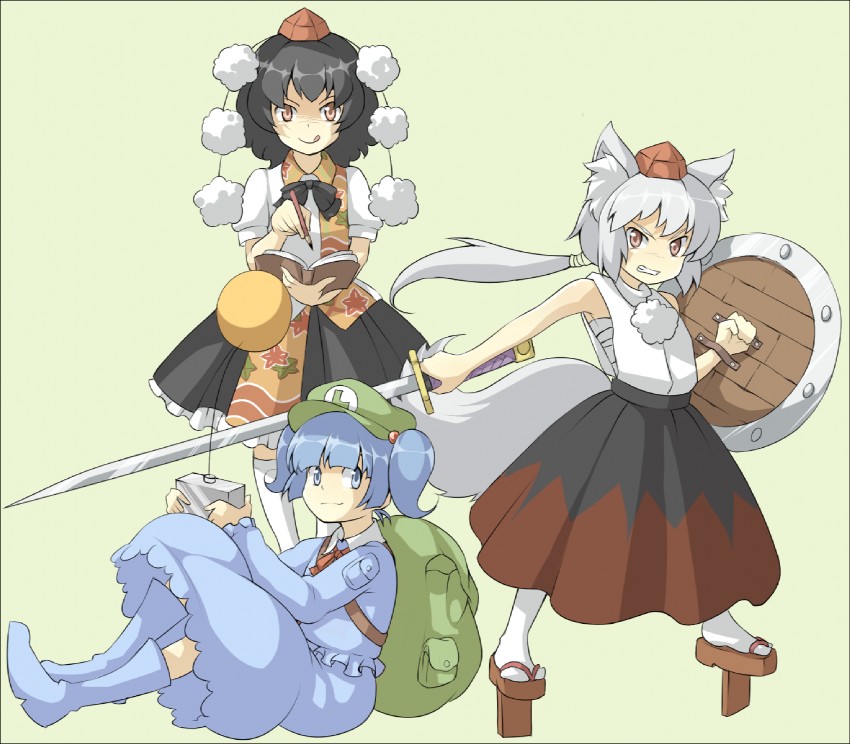 shameimaru aya, inubashiri momiji, and kawashiro nitori (touhou) drawn by urin