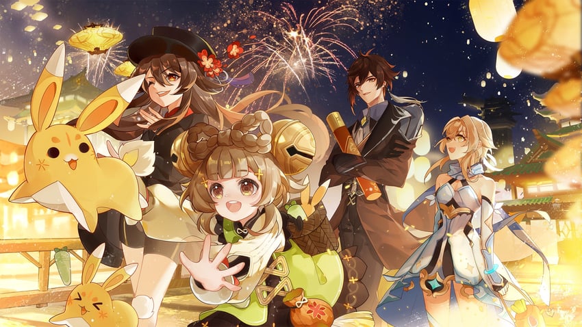 lumine, hu tao, zhongli, yaoyao, and yuegui (genshin impact) drawn by samao7777