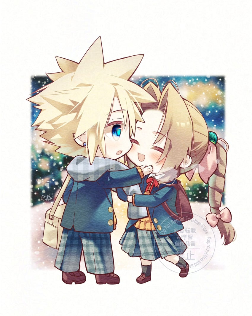 cloud strife and aerith gainsborough (final fantasy and 1 more) drawn by arestear0701