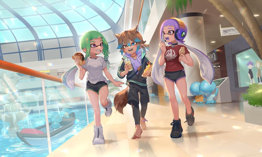 inkling player character, inkling girl, inkling boy, and jellyfish (splatoon) drawn by jinkoika