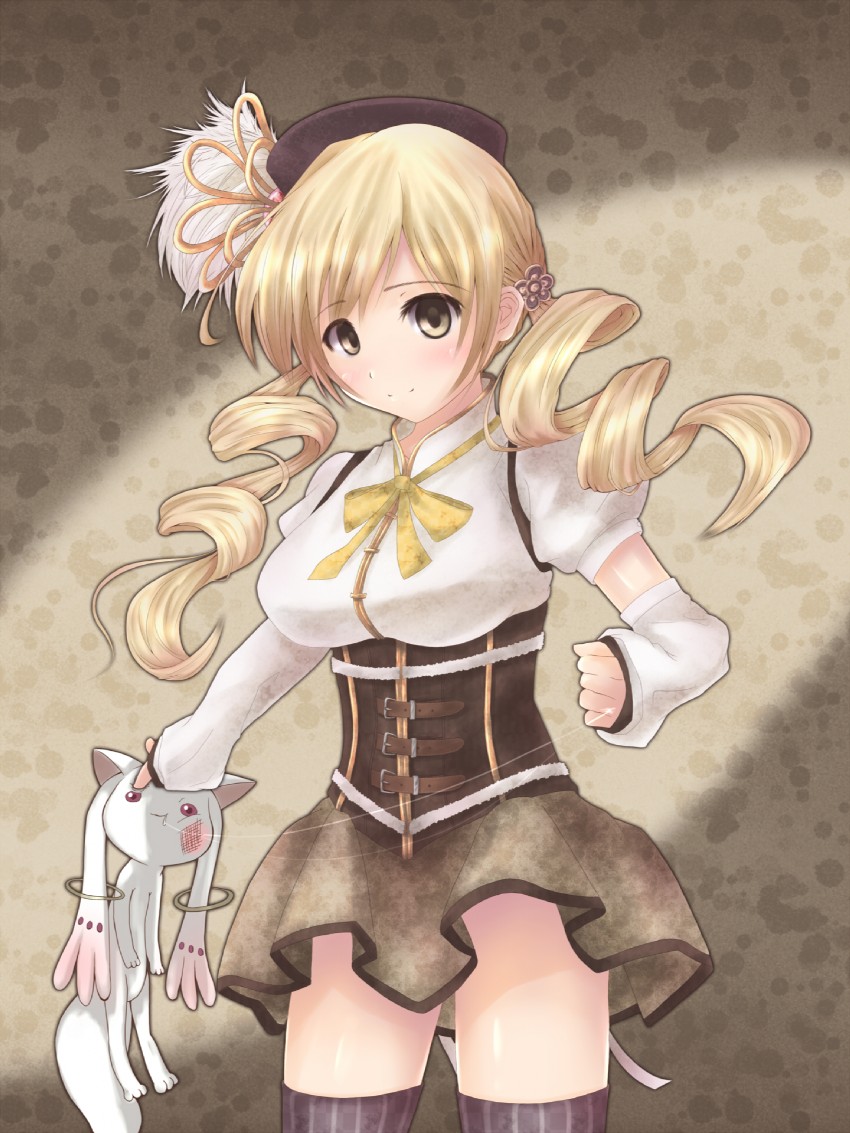 tomoe mami and kyubey (mahou shoujo madoka magica) drawn by peroshiti_aniki
