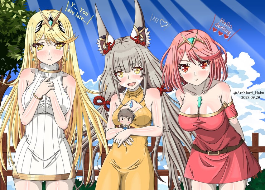 pyra, mythra, rex, and nia (xenoblade chronicles and 1 more) drawn by archlord_haku