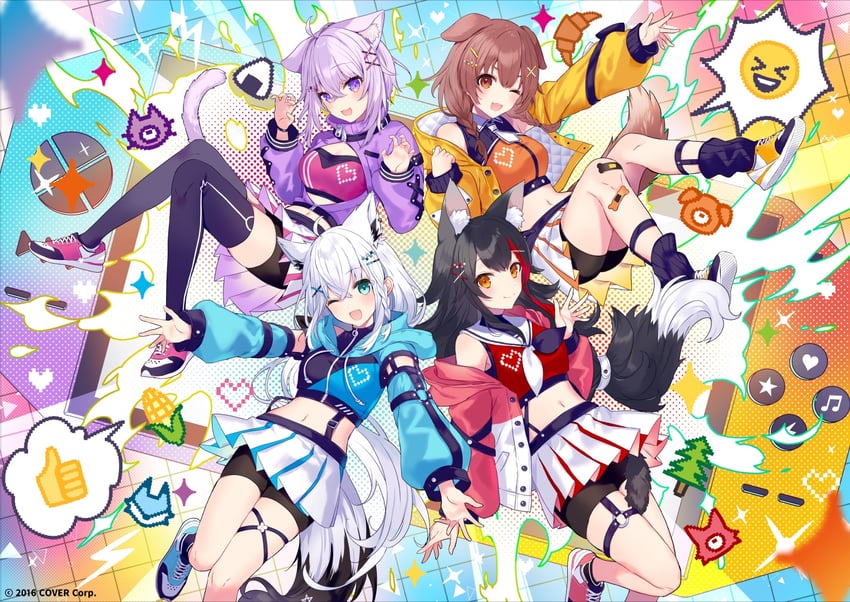 shirakami fubuki, nekomata okayu, ookami mio, and inugami korone (hololive) drawn by saine