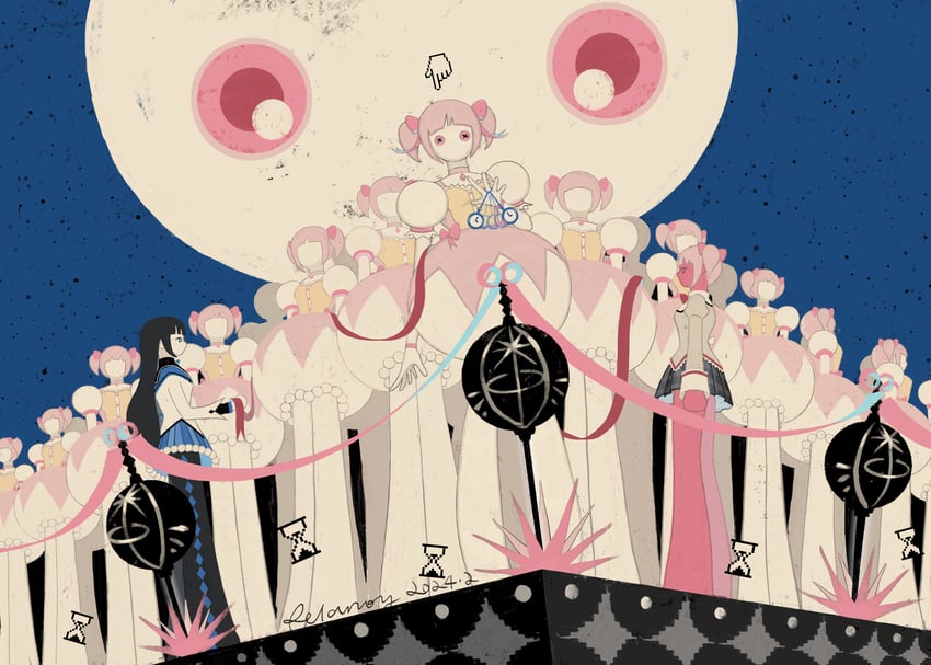 akemi homura, kaname madoka, and kyubey (mahou shoujo madoka magica) drawn by relanoy