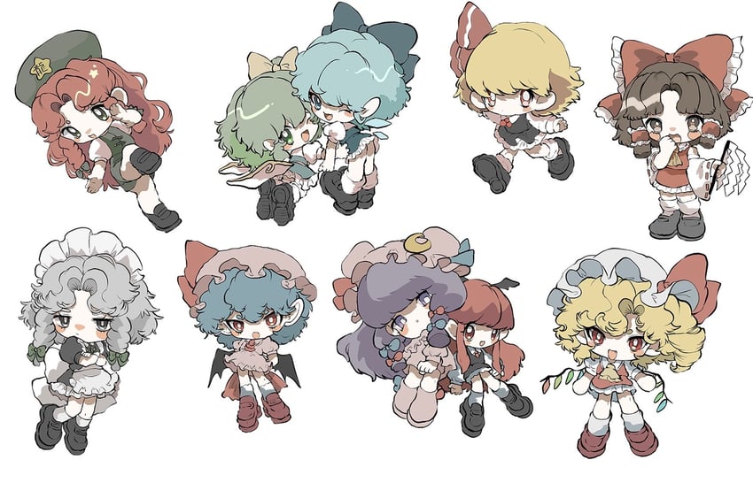 hakurei reimu, remilia scarlet, flandre scarlet, izayoi sakuya, cirno, and 5 more (touhou and 1 more) drawn by inkopico