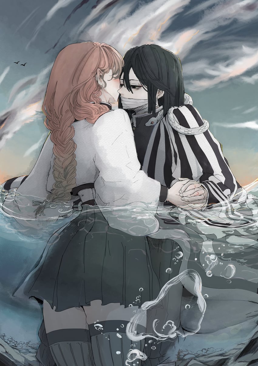 kanroji mitsuri and iguro obanai (kimetsu no yaiba) drawn by comeback_fleet