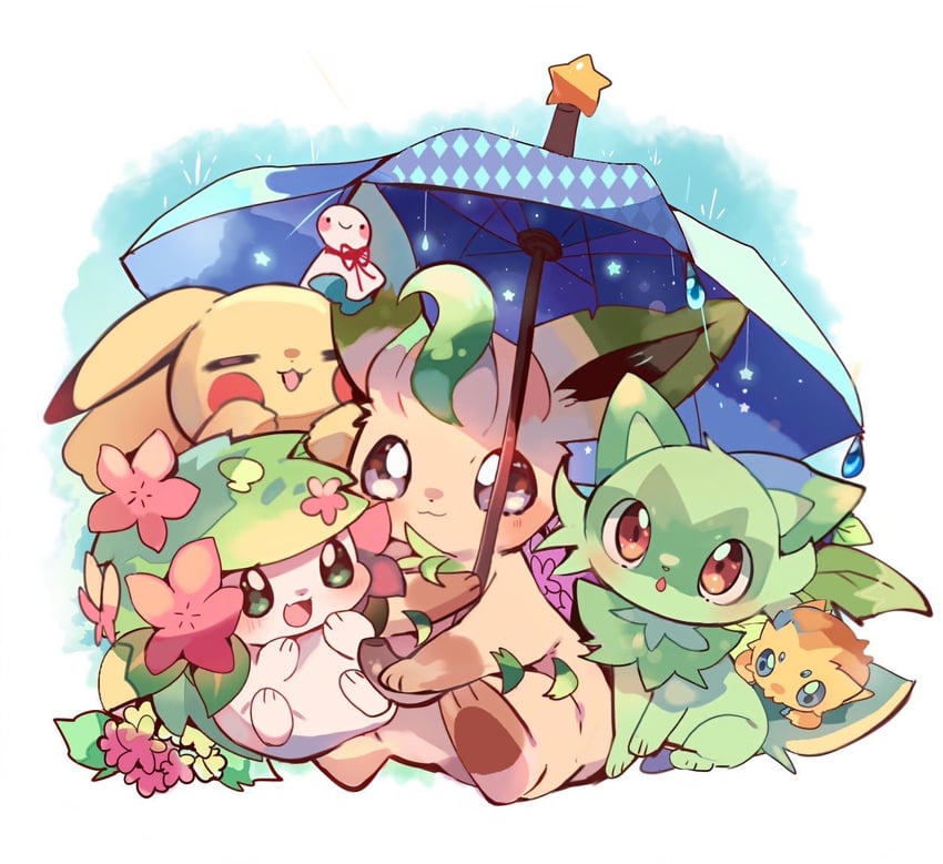 pikachu, sprigatito, leafeon, shaymin, and galvantula (pokemon) drawn by yupo_0322