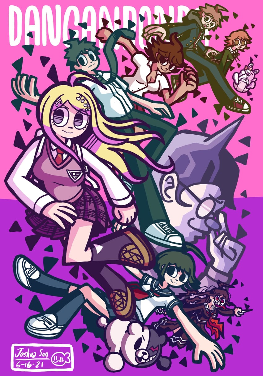 hinata hajime, akamatsu kaede, monokuma, naegi makoto, monomi, and 6 more (danganronpa and 4 more) drawn by josh-s26