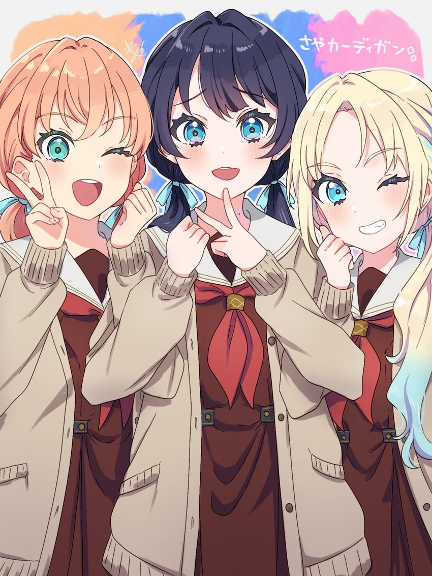 hinoshita kaho, murano sayaka, and osawa rurino (love live! and 1 more) drawn by kyaku_tasu