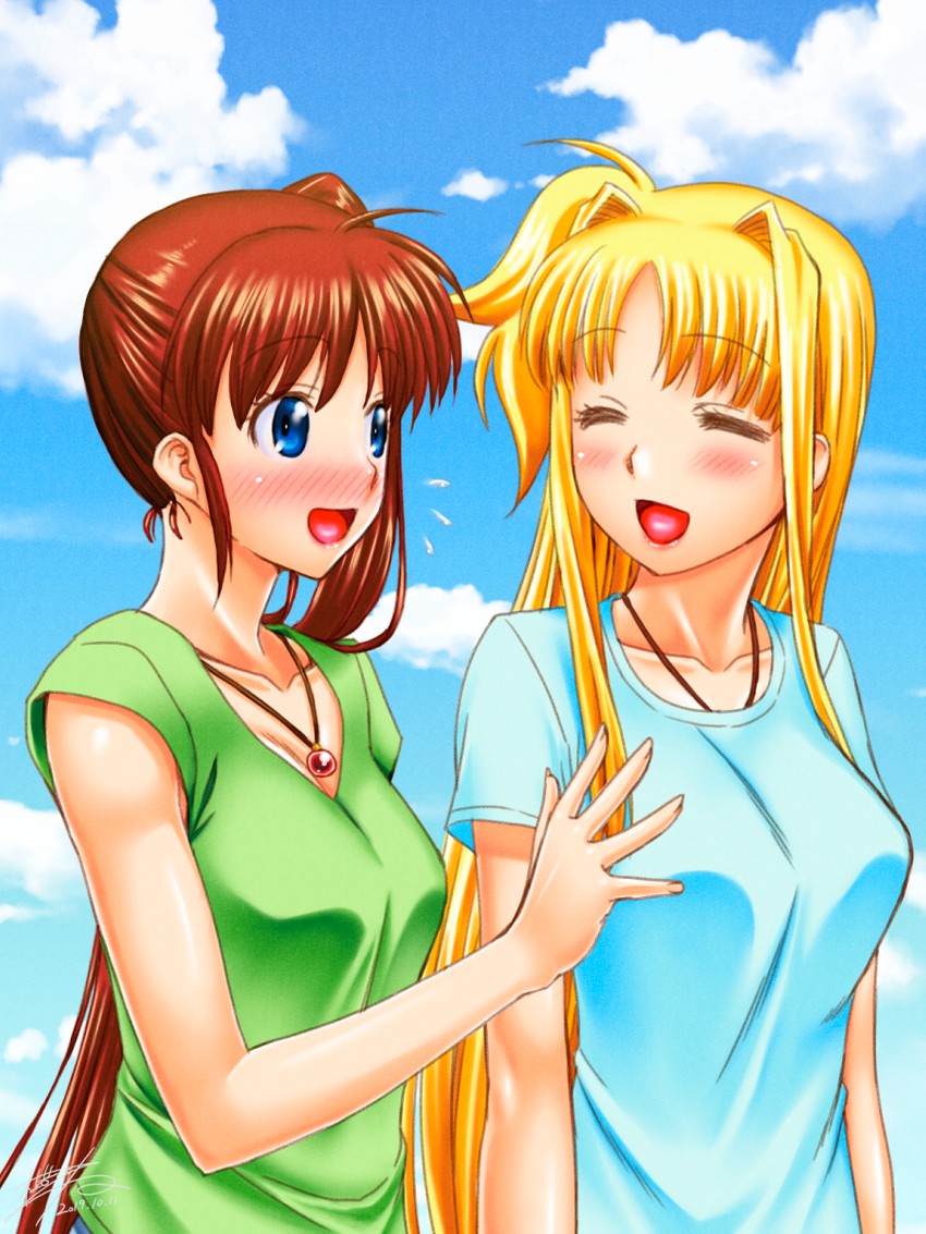 fate testarossa, takamachi nanoha, and raising heart (lyrical nanoha and 1 more) drawn by kakitsubata_tsukune