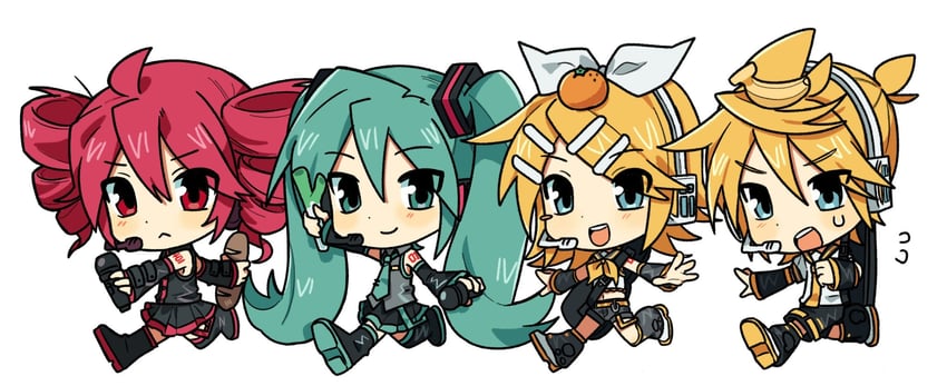 hatsune miku, kagamine rin, kagamine len, and kasane teto (vocaloid and 1 more) drawn by gagwan