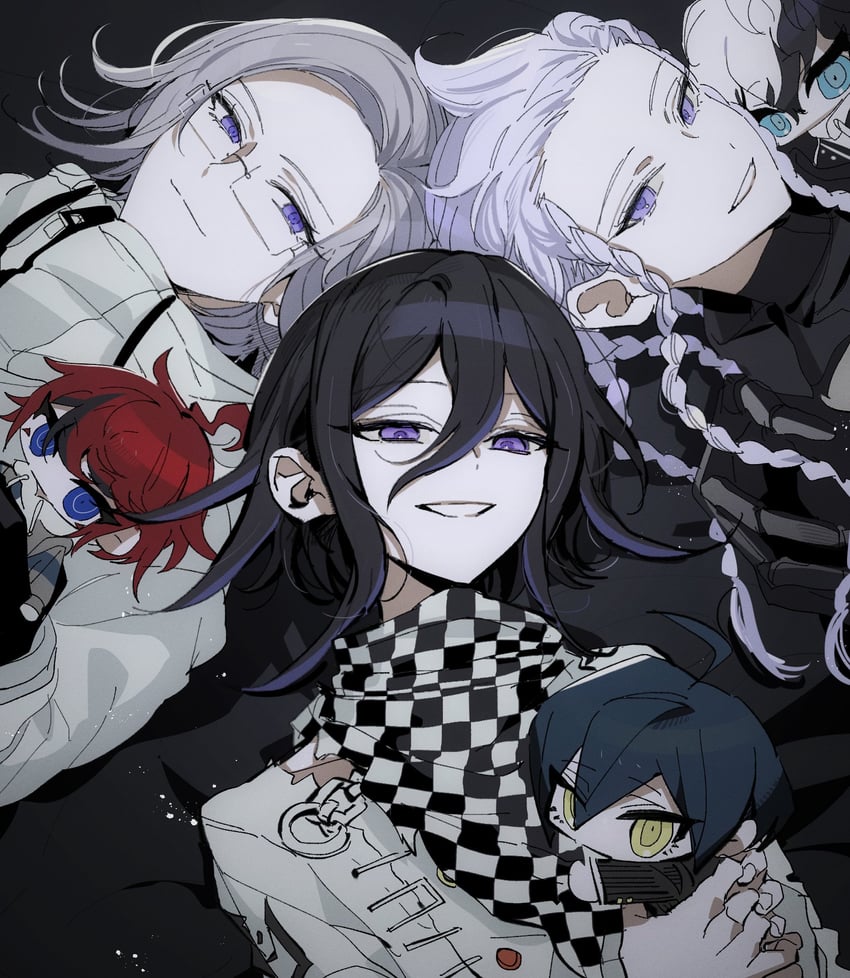 oma kokichi, saihara shuichi, aotsuki eito, sumino takumi, kuronaka yo, and 1 more (danganronpa and 3 more) drawn by palme310