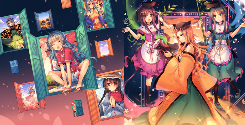 lily white, matara okina, komano aunn, eternity larva, nishida satono, and 3 more (touhou and 1 more) drawn by kirero