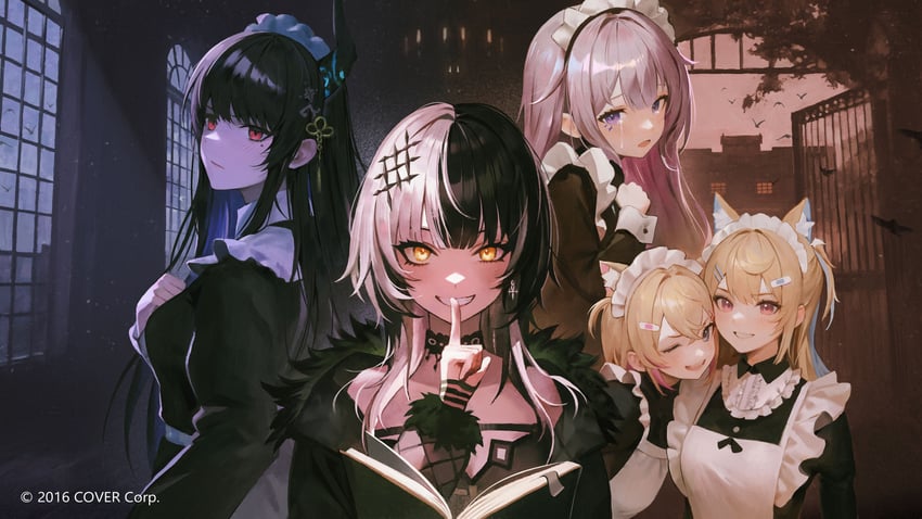 shiori novella, nerissa ravencroft, fuwawa abyssgard, mococo abyssgard, and koseki bijou (hololive and 1 more) drawn by ikkia