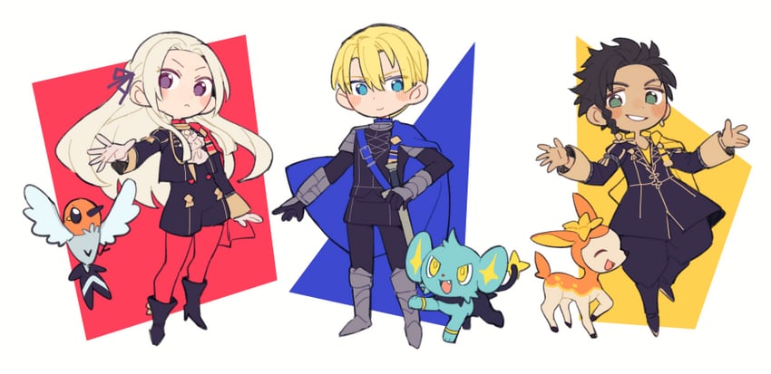 edelgard von hresvelg, dimitri alexandre blaiddyd, claude von riegan, shinx, fletchling, and 1 more (pokemon and 2 more) drawn by do_m_kaeru