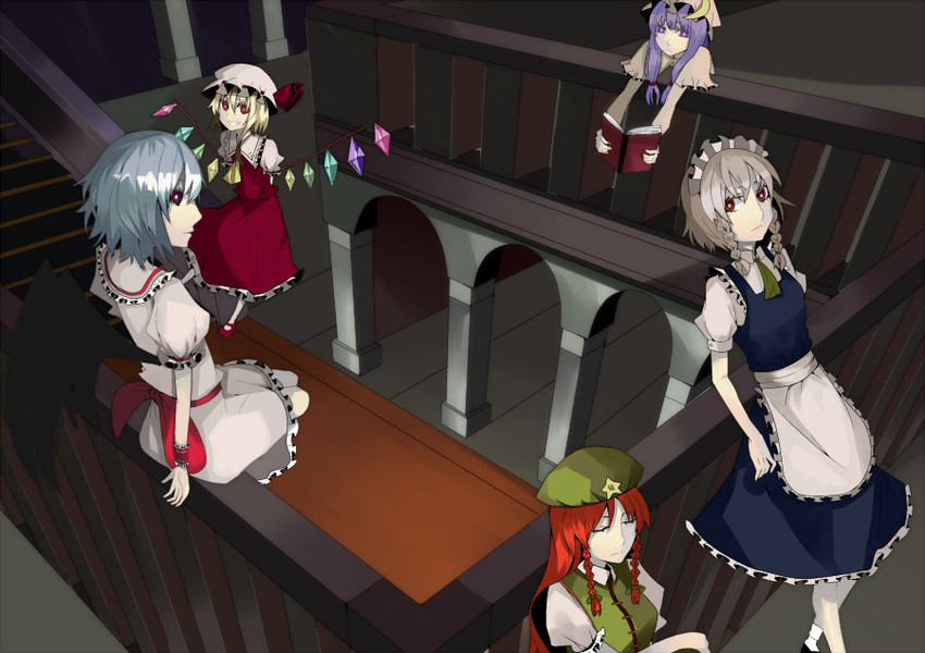 remilia scarlet, flandre scarlet, izayoi sakuya, patchouli knowledge, and hong meiling (touhou) drawn by orgia
