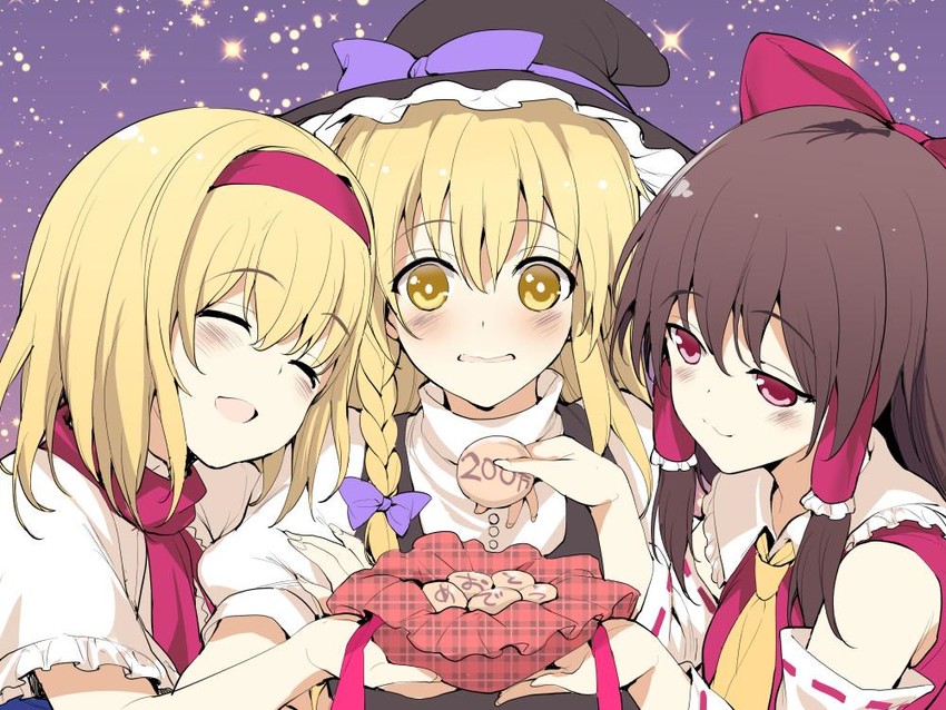 hakurei reimu, kirisame marisa, alice margatroid, uzuki, and reu (touhou and 1 more) drawn by mutsutake