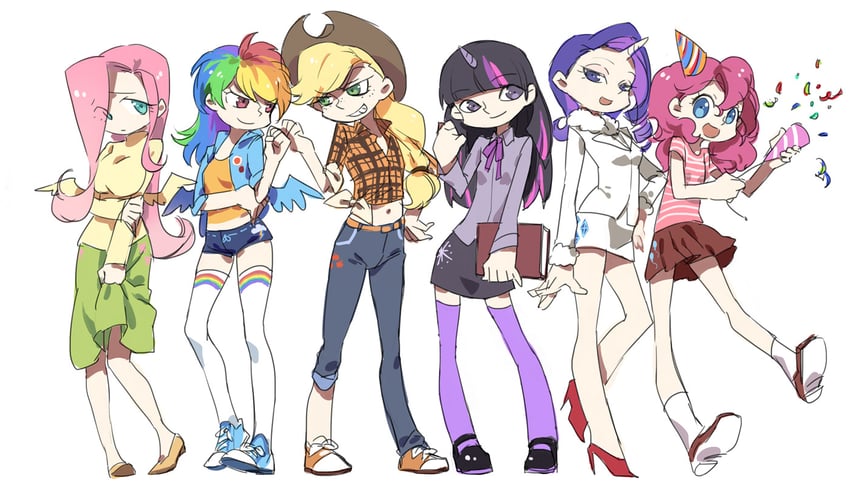 twilight sparkle, fluttershy, rainbow dash, pinkie pie, applejack, and 1 more (my little pony and 1 more) drawn by ushi_(newrein)