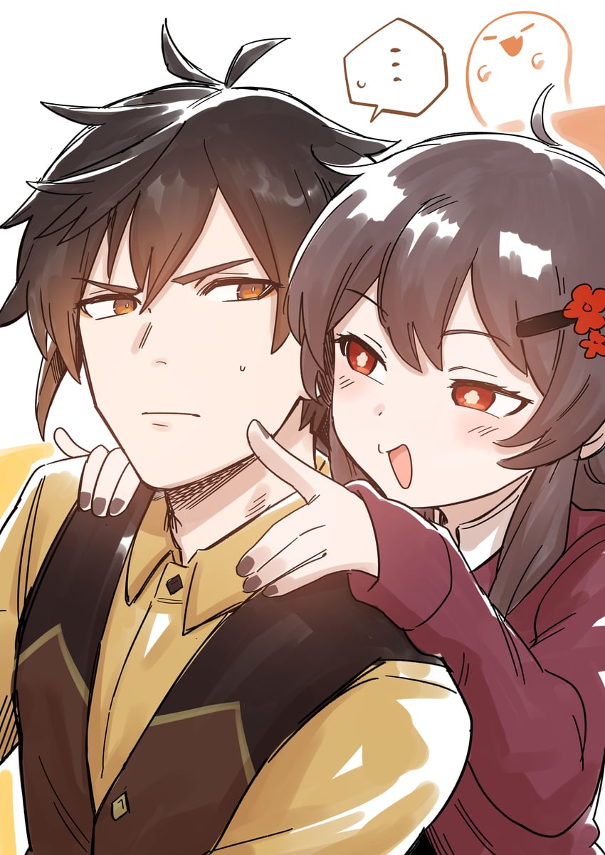 hu tao, zhongli, and boo tao (genshin impact) drawn by shiromanta