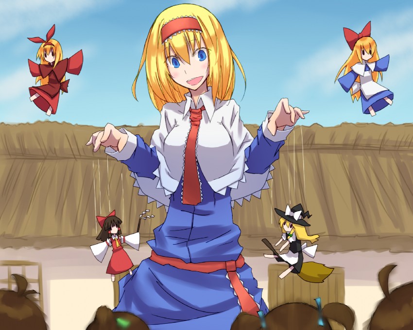 hakurei reimu, kirisame marisa, alice margatroid, shanghai doll, and hourai doll (touhou) drawn by yoshimura_hinoe